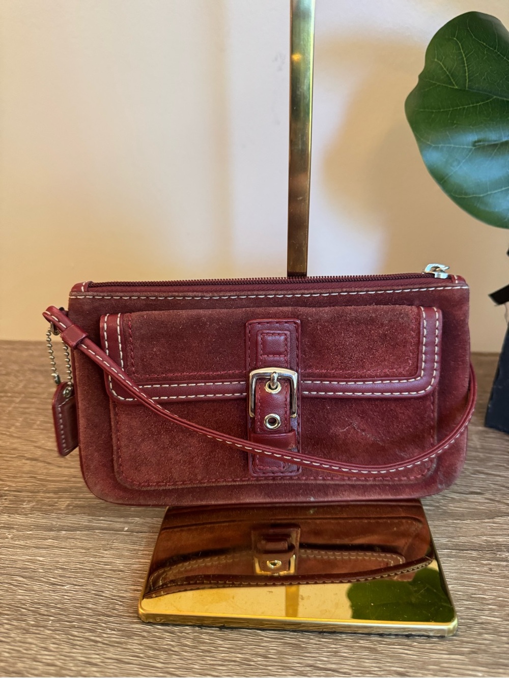 Coach Vintage Burgundy Suede Wristlet Clutch with Buckle Detail